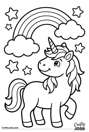 Happy unicorn beside rainbow