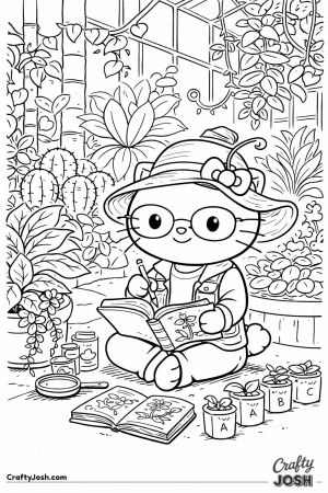 Hello kitty cat botanist greenhouse curious plant
