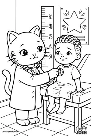 Hello kitty cat doctor examining young boy
