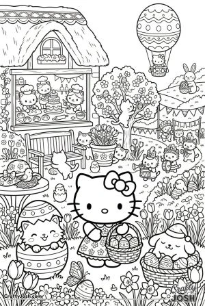 Hello kitty cat easter garden party scene