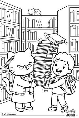 Hello kitty cat librarian wobbly book stack