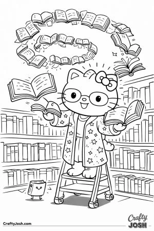 Hello kitty cat magical librarian flying books