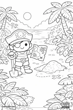A happy pirate boy stands on a sandy island holding a treasure map and shovel while a marked digging spot sits nearby among palm trees and jungle ..