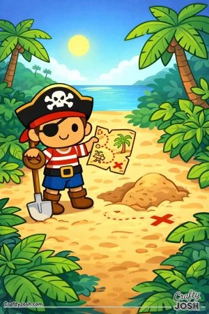 A happy pirate boy stands on a sandy island holding a treasure map and shovel while a marked digging spot sits nearby among palm trees and jungle ..
