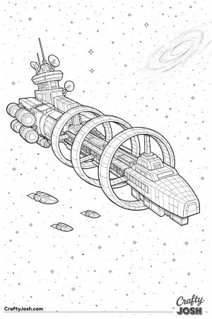 A massive interstellar colony ship with large rotating ring habitats travels through deep space while several small shuttle craft fly nearby and a ..