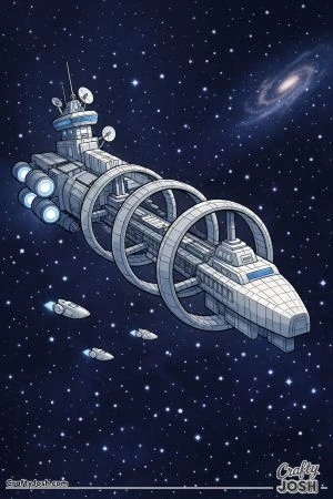 A massive interstellar colony ship with large rotating ring habitats travels through deep space while several small shuttle craft fly nearby and a ..