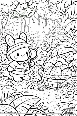 A smiling explorer bunny holding a magnifying glass discovers a hidden egg basket filled with decorated eggs along a leafy jungle path surrounded by ..