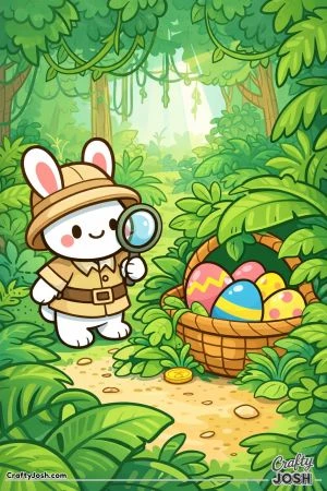 A smiling explorer bunny holding a magnifying glass discovers a hidden egg basket filled with decorated eggs along a leafy jungle path surrounded by ..