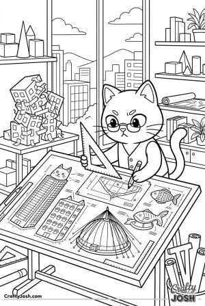 Kawaii cat architect drafting table cat buildings