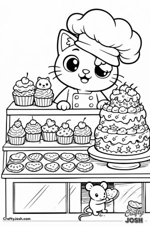 Kawaii cat bakery counter sneaky mouse