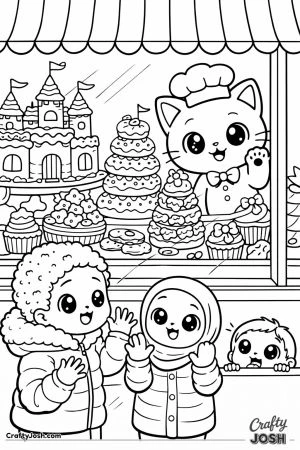 Kawaii cat bakery window children outside