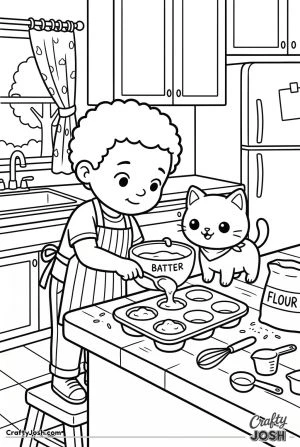 Kawaii cat baking with child muffin tray