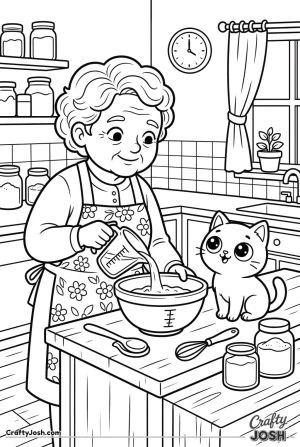 Kawaii cat baking with grandparent