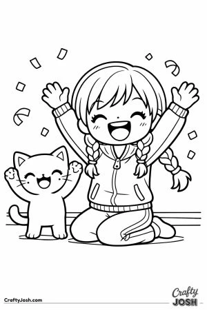 Kawaii cat celebrating with girl braids