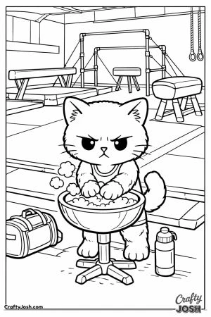 Kawaii cat chalking paws gym hall