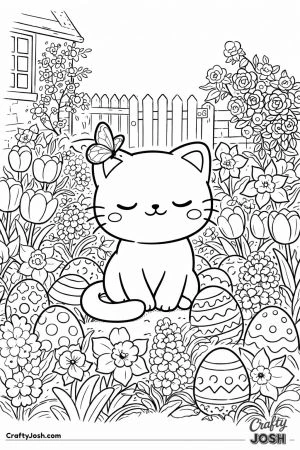 Kawaii cat cottage garden easter eggs flowers