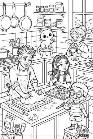 Kawaii cat family baking kitchen