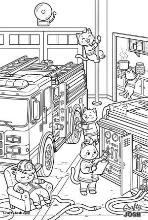 Kawaii cat fire station crew engine
