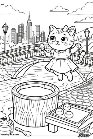 Kawaii cat jumping at bridge with city view