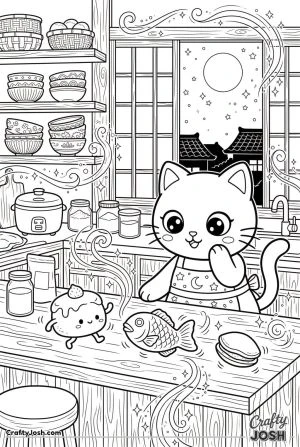 Kawaii cat magical night baking living treats