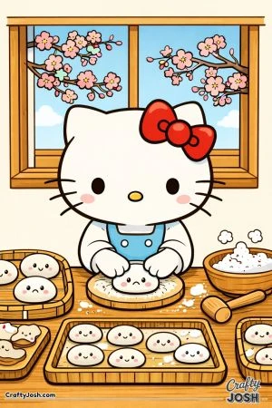 Kawaii cat making mochi in a Japanese kitchen