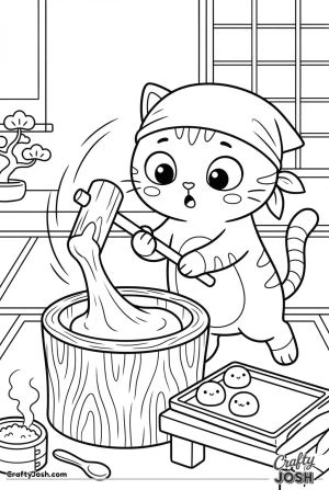 Kawaii cat making mochi