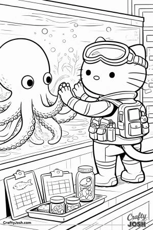 Kawaii cat marine biologist research tank octopus