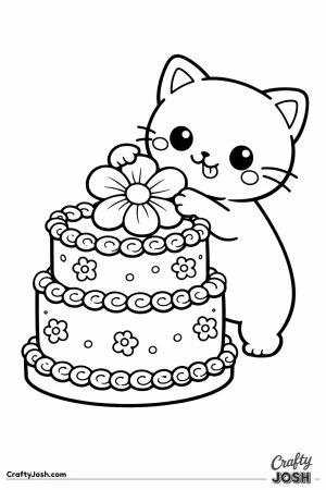 Kawaii cat placing fondant flower cake