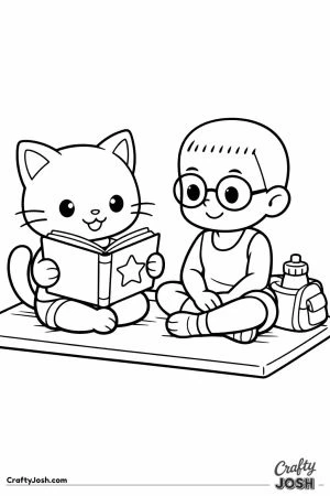 Kawaii cat rest break reading with boy