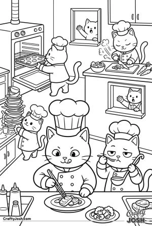 Kawaii cat restaurant kitchen chef team