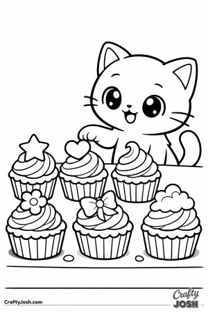 Kawaii cat six decorated cupcakes display