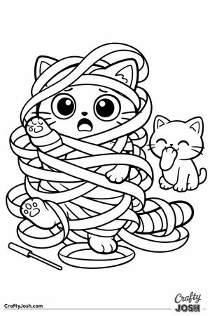 Kawaii cat tangled in ribbon