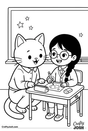 Kawaii cat teacher helping girl at desk