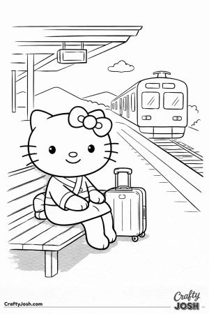 Kawaii cat train station waiting