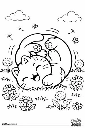 Kawaii cat tumbling grass daisies