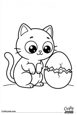 Kawaii cat watching easter egg hatch