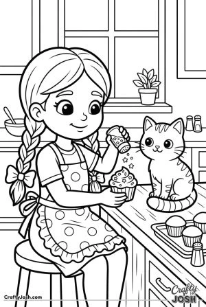 Kawaii cat watching girl decorate cupcake