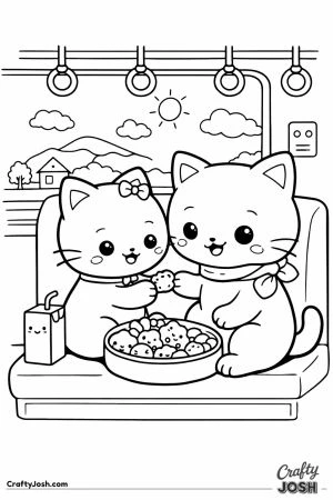 Kawaii cats train snack sharing