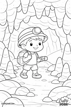 A smiling boy with a backpack and flashlight explores a cave filled with rounded rock shapes and hanging formations.
