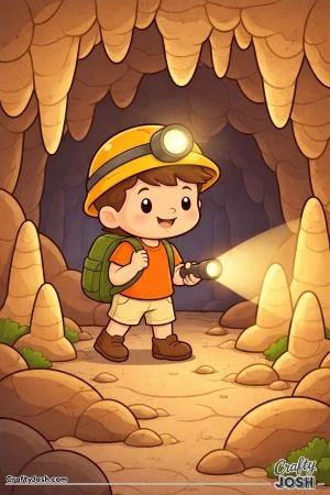 A smiling boy with a backpack and flashlight explores a cave filled with rounded rock shapes and hanging formations.