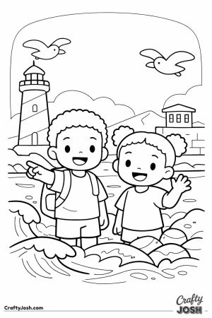 Two happy children stand on a rocky shore near a lighthouse, with ocean waves and birds flying above them.