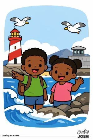 Two happy children stand on a rocky shore near a lighthouse, with ocean waves and birds flying above them.