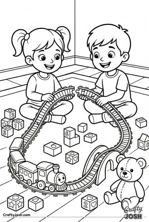 Kids building toy train set
