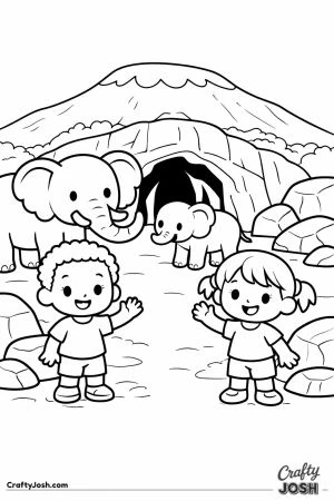 Two kids are standing and waving near a cave with elephants and large rocks in a simple outdoor scene
