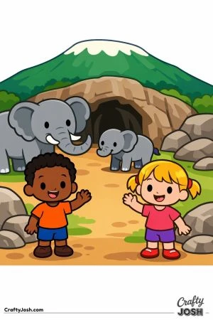 Two kids are standing and waving near a cave with elephants and large rocks in a simple outdoor scene