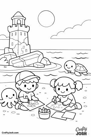 Two children sit on a sandy beach drawing sea creatures while a turtle swims nearby and a small octopus sits beside them, with lighthouse ruins in ..