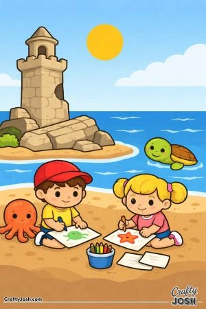 Two children sit on a sandy beach drawing sea creatures while a turtle swims nearby and a small octopus sits beside them, with lighthouse ruins in ..