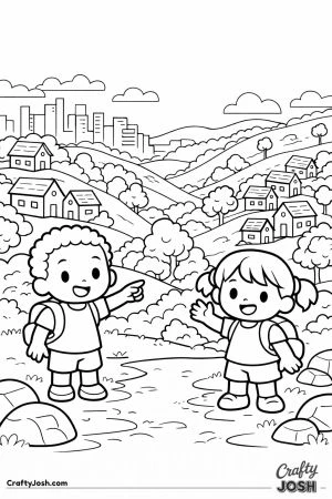A boy and girl are exploring a winding path through hills with small houses, trees, and a city skyline in the background