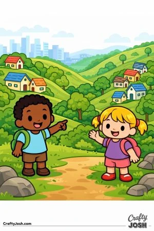 A boy and girl are exploring a winding path through hills with small houses, trees, and a city skyline in the background