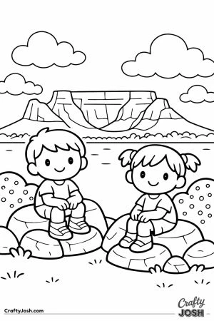 Two smiling children sit on large rocks in front of a flat-topped mountain with fluffy clouds and simple bushes around them
